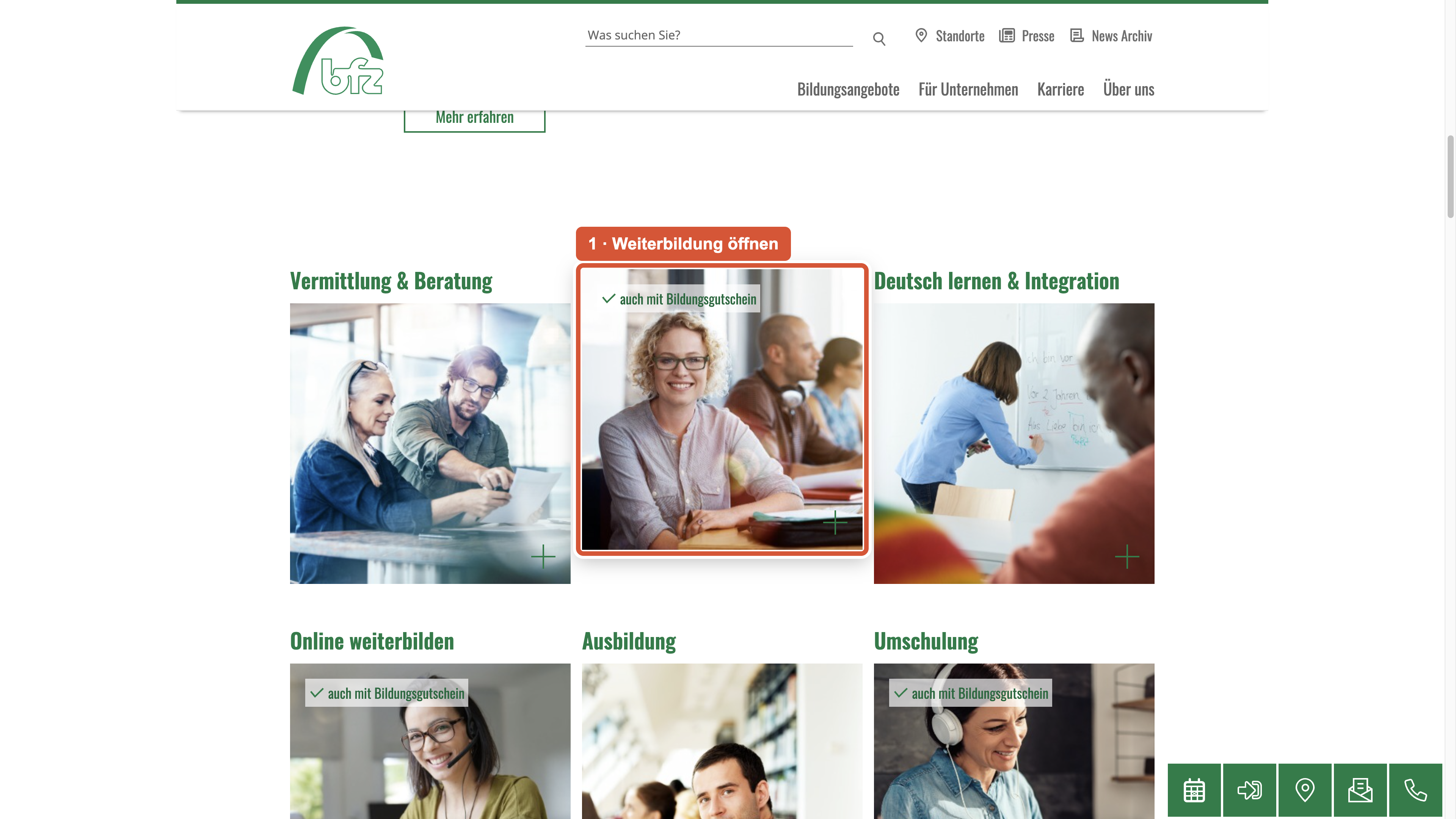 Auf der Startseite ist die Kachel Weiterbildung markiert.
