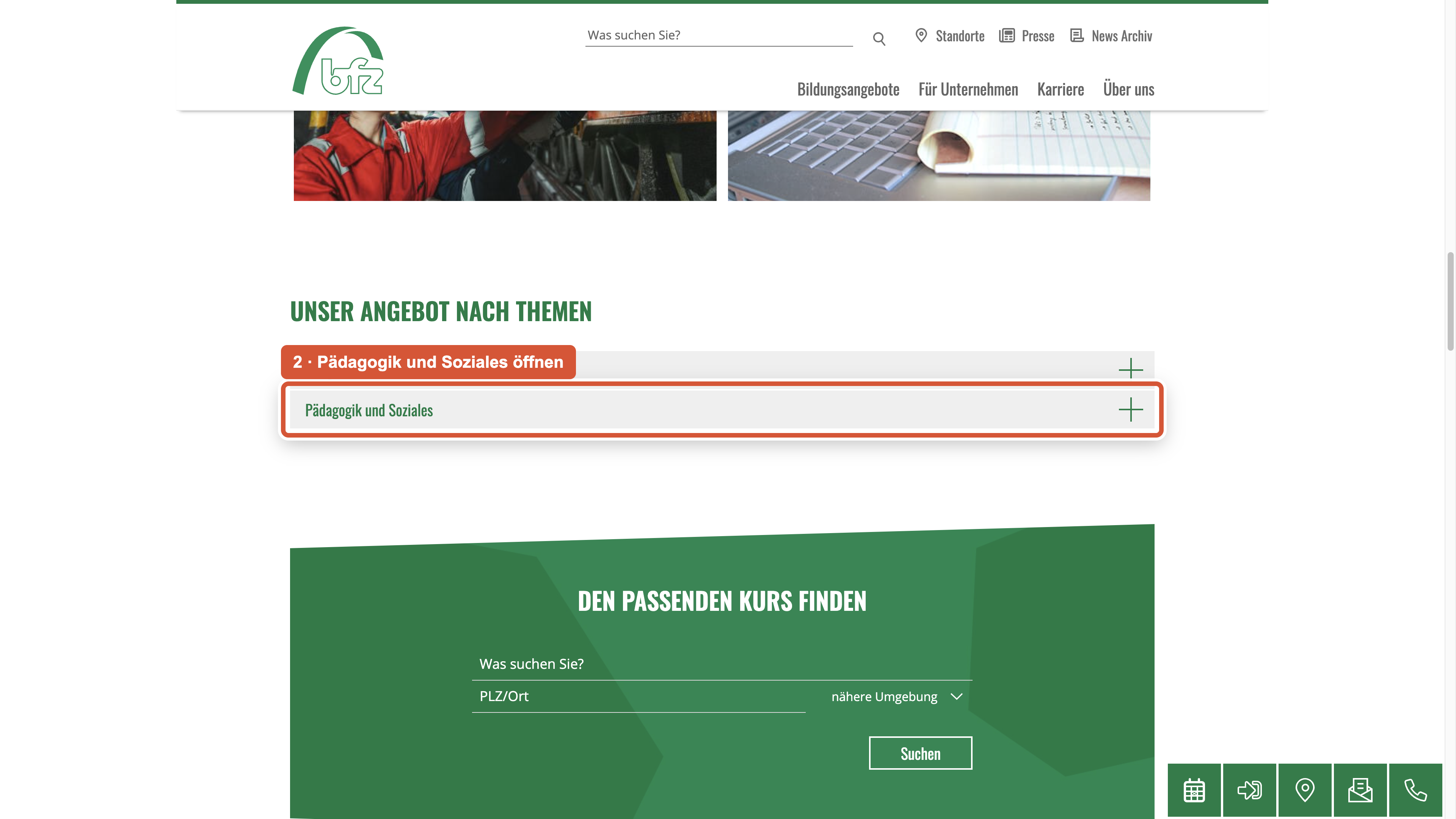 Auf der Weiterbildungsseite ist Pädagogik und Soziales markiert.