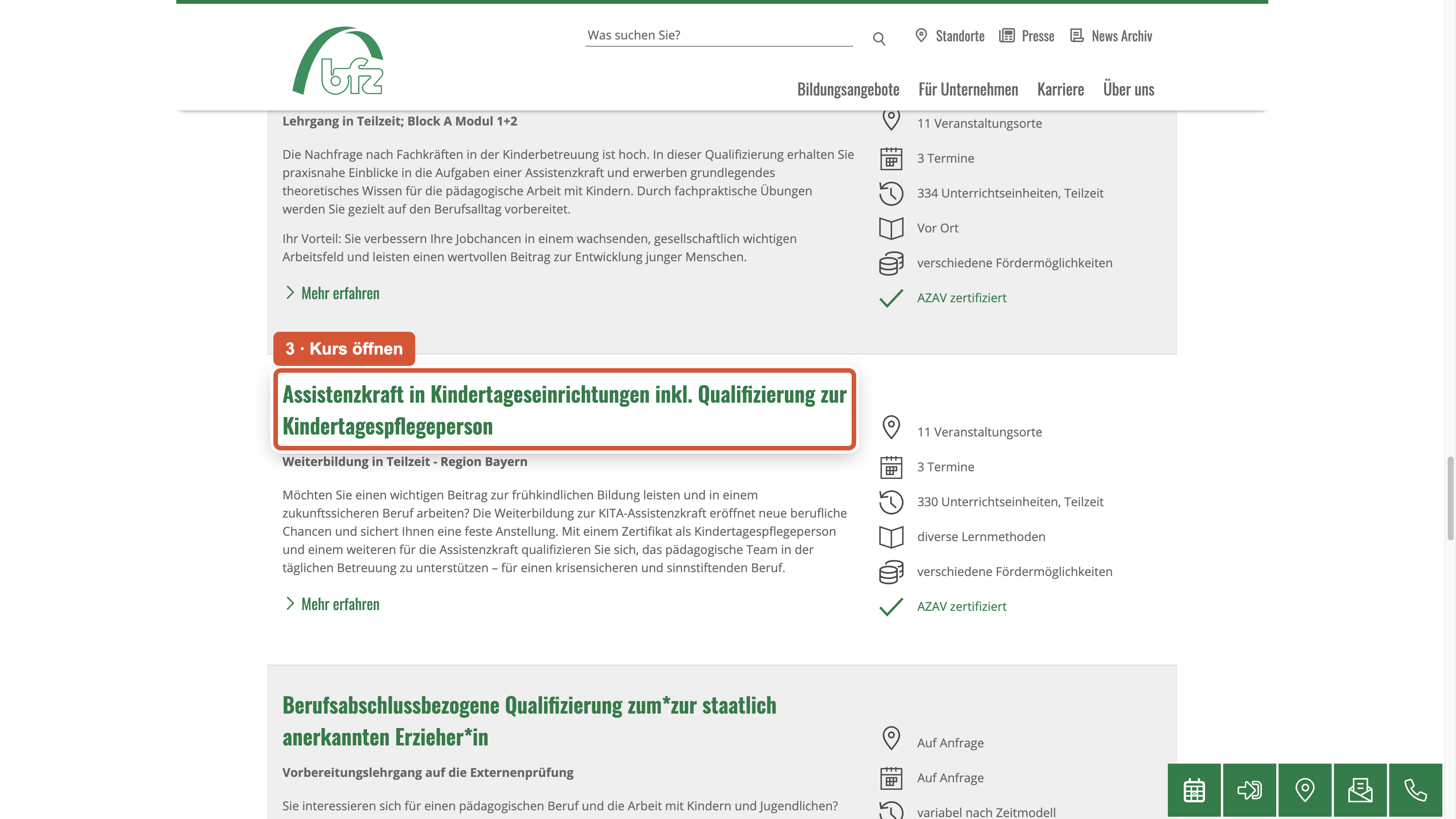 In der Pädagogik-Liste ist der untersuchte Kurs markiert.