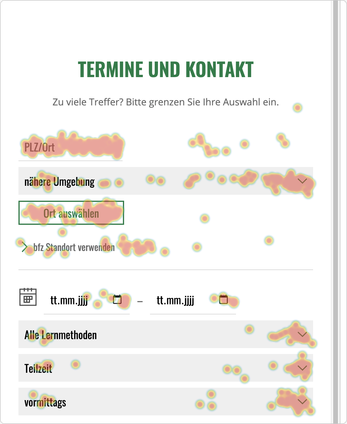 Ausschnitt der mobilen Matomo-Heatmap im Abschnitt Termine und Kontakt. Die höchste Klickdichte liegt auf PLZ oder Ort, Umgebung und Ort auswählen.